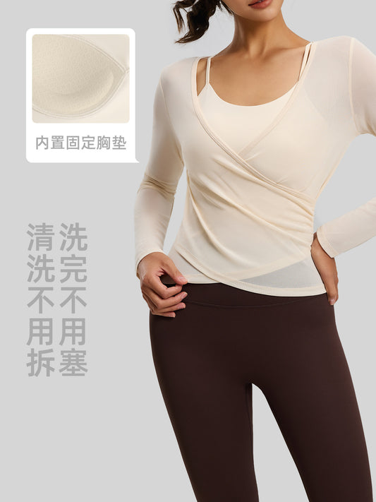 Juyitang Mesh Long-Sleeved Camisole Two-Piece Set with Chest Pads, Breathable Slimming Cover-Up Yoga Wear, Sports Top for Women - image 2