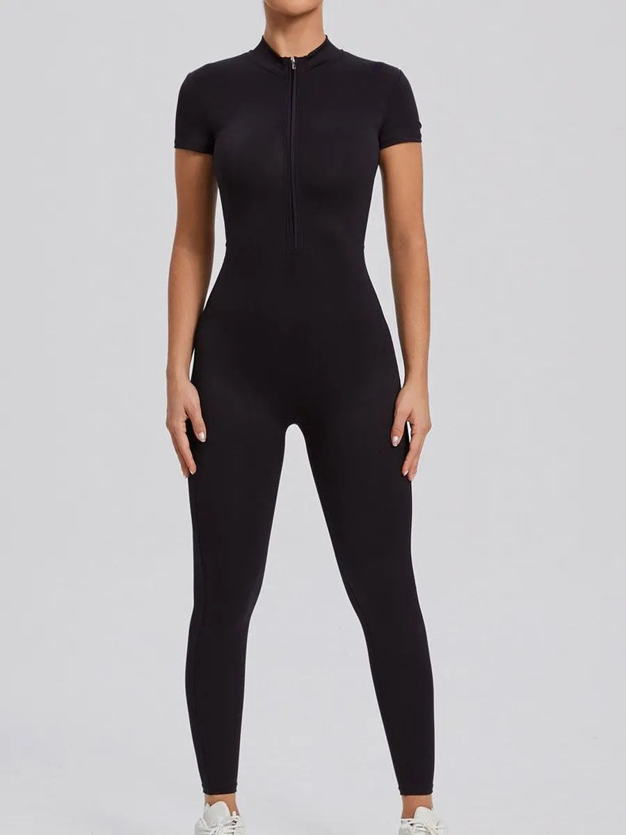 Amazon Women's Ribbed One-Piece Short-Sleeved Zipper Yoga Trousers Sports Jumpsuit Seamless Fitness Sportswear - image 5