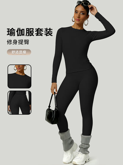 Cross-Border In-Stock Yoga Sports Set for Women, Autumn Long-Sleeve Long Pants Slim-Fit Training Outfit, Basic Elastic Fitness Wear - image 1