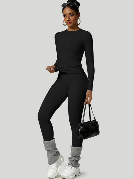 Cross-Border In-Stock Yoga Sports Set for Women, Autumn Long-Sleeve Long Pants Slim-Fit Training Outfit, Basic Elastic Fitness Wear - image 2