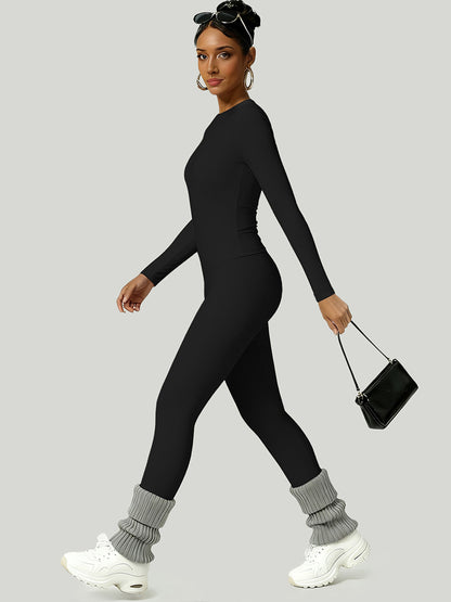 Cross-Border In-Stock Yoga Sports Set for Women, Autumn Long-Sleeve Long Pants Slim-Fit Training Outfit, Basic Elastic Fitness Wear - image 3