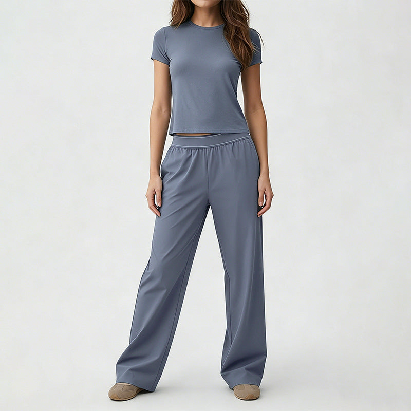 Nude-Feel Yoga Set Quick-Dry Fitness Pants Straight-Leg Sports Pants Set for Women Cross-Border Short Yoga Outfit Round Neck Short Sleeve - image 2