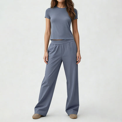 Nude-Feel Yoga Set Quick-Dry Fitness Pants Straight-Leg Sports Pants Set for Women Cross-Border Short Yoga Outfit Round Neck Short Sleeve - image 2