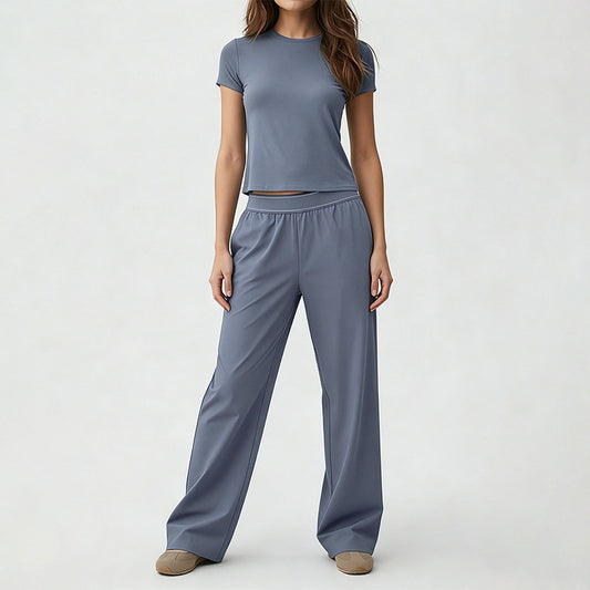 Nude-Feel Yoga Set Quick-Dry Fitness Pants Straight-Leg Sports Pants Set for Women Cross-Border Short Yoga Outfit Round Neck Short Sleeve - image 2