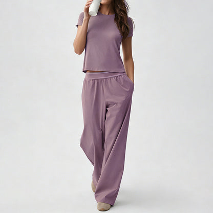 Nude-Feel Yoga Set Quick-Dry Fitness Pants Straight-Leg Sports Pants Set for Women Cross-Border Short Yoga Outfit Round Neck Short Sleeve - image 3