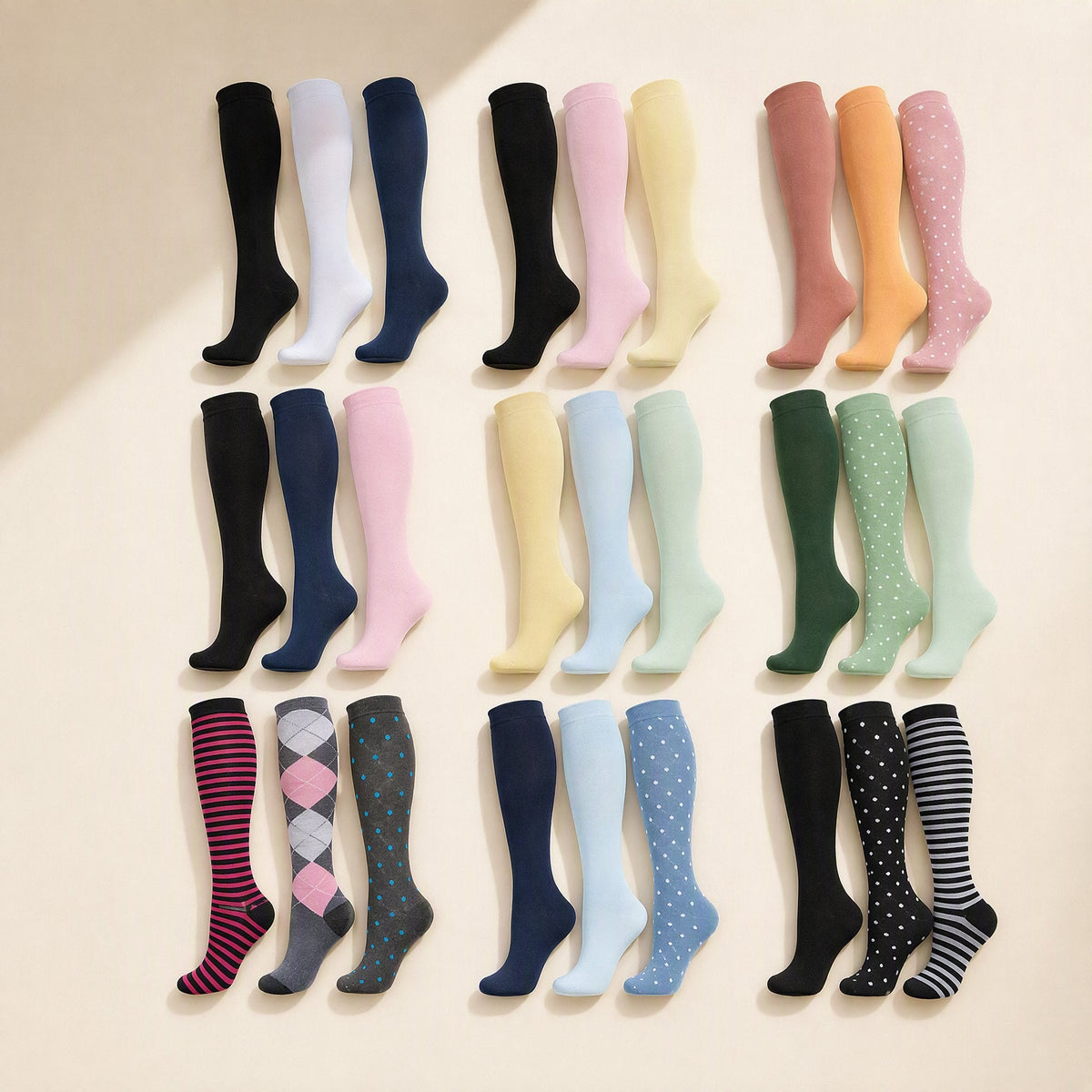 Mid-calf sports compression socks with a polka-dot pattern
