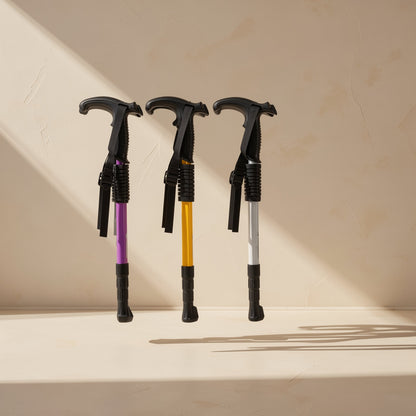 Four-section telescopic iron trekking pole with internal lock and rubber tip