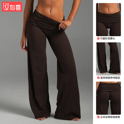Cross-Border Fold-Over Waistband Wide-Leg Pants, Loose Fit, Slimming Straight-Leg Pants, Outdoor Sports Fitness Yoga Long Pants for Women - image 3