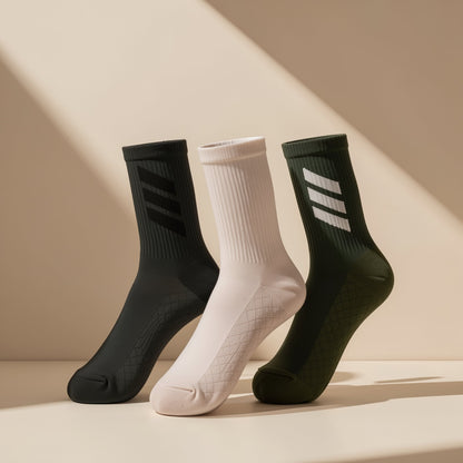 High-top polyester sports socks with color-blocking pattern