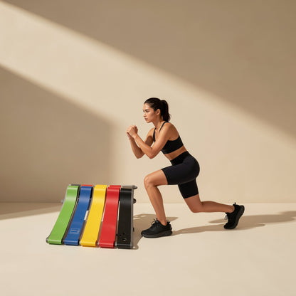 Five-piece TPE resistance band set with levels from X-Light to X-Heavy