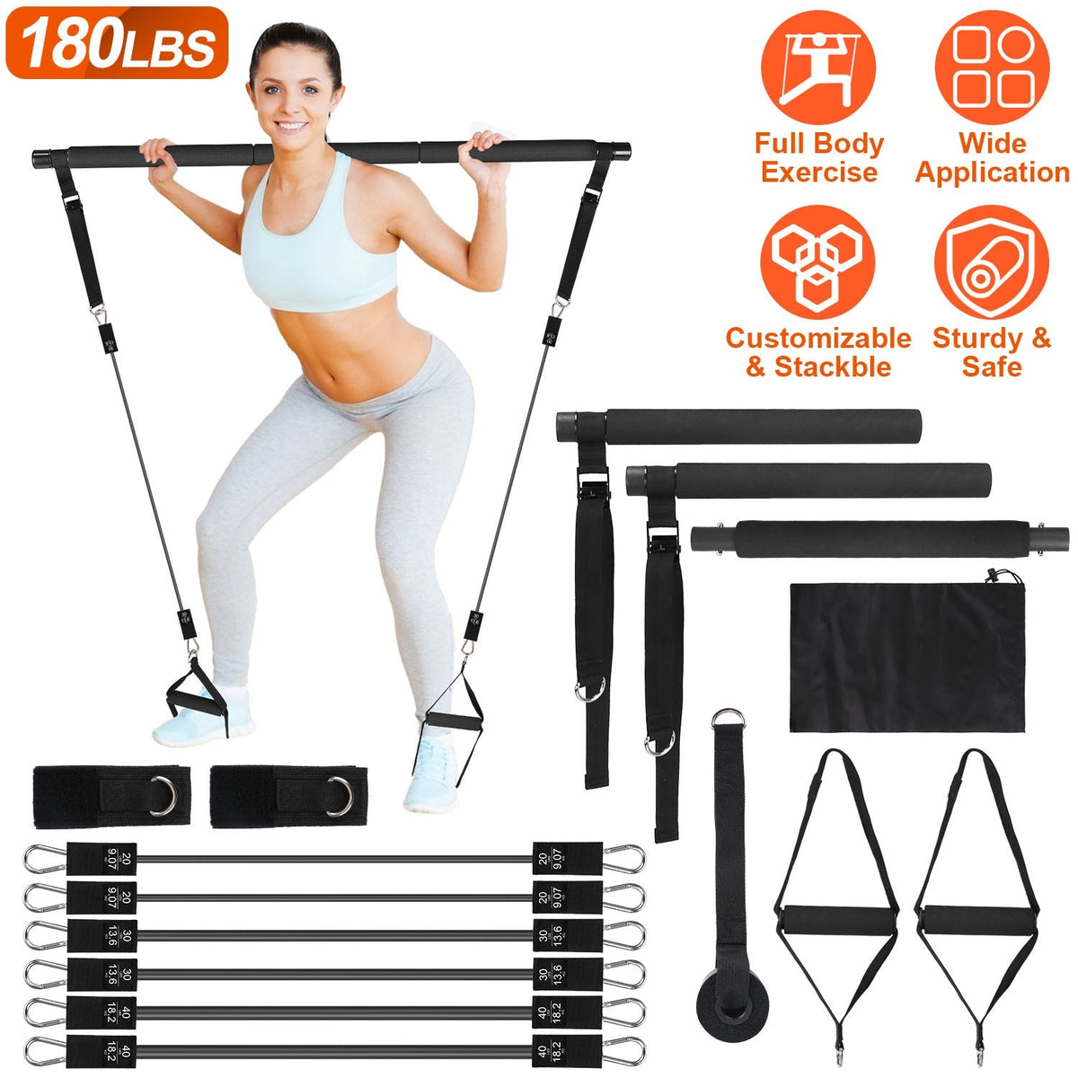 100LBS OR 180LBS Band Options - 1Pc Pilates Bar Kit Multifunctional Pilates…