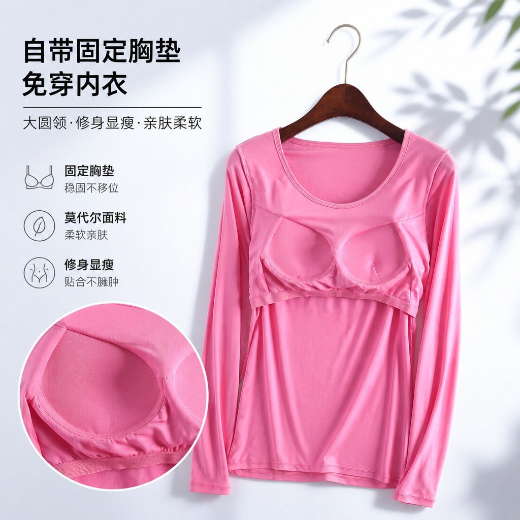 Autumn and Winter Modal Long-Sleeved T-Shirt with Chest Pad Bra-T Bra-Free Cup All-In-One Yoga Intimates Pajamas Bottoming Shirt - image 2
