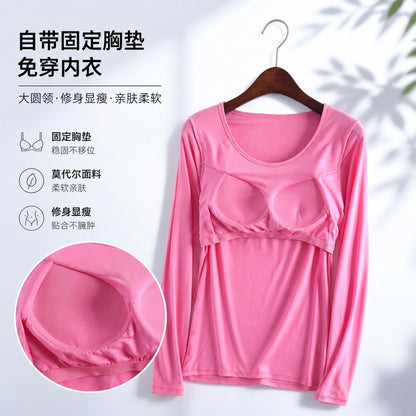 Autumn and Winter Modal Long-Sleeved T-Shirt with Chest Pad Bra-T Bra-Free Cup All-In-One Yoga Intimates Pajamas Bottoming Shirt - image 2