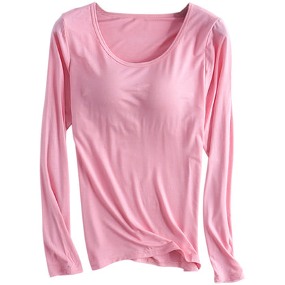 Autumn and Winter Modal Long-Sleeved T-Shirt with Chest Pad Bra-T Bra-Free Cup All-In-One Yoga Intimates Pajamas Bottoming Shirt - image 5