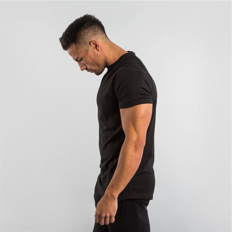 Foreign Trade Pure Color Light Plate European and American Men's Tops Summer Fitness Sports Short-Sleeved T-Shirts Work Clothes with Printed Logo - image 2