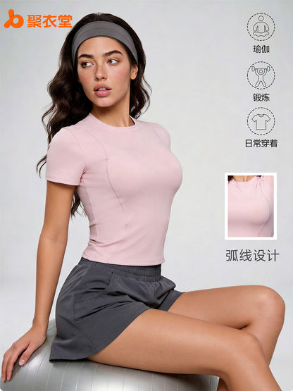 Juyitang Spring and Summer Slim Fit Sports Yoga Top Women's Fitness Tight Running Yoga Short Sleeve - image 1