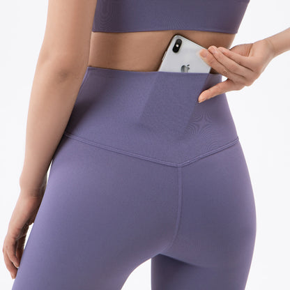 No embarrassment line double-sided brushed nude yoga pants Women's European and American high waist Peach Hip lifting sports fitness pants women - image 4