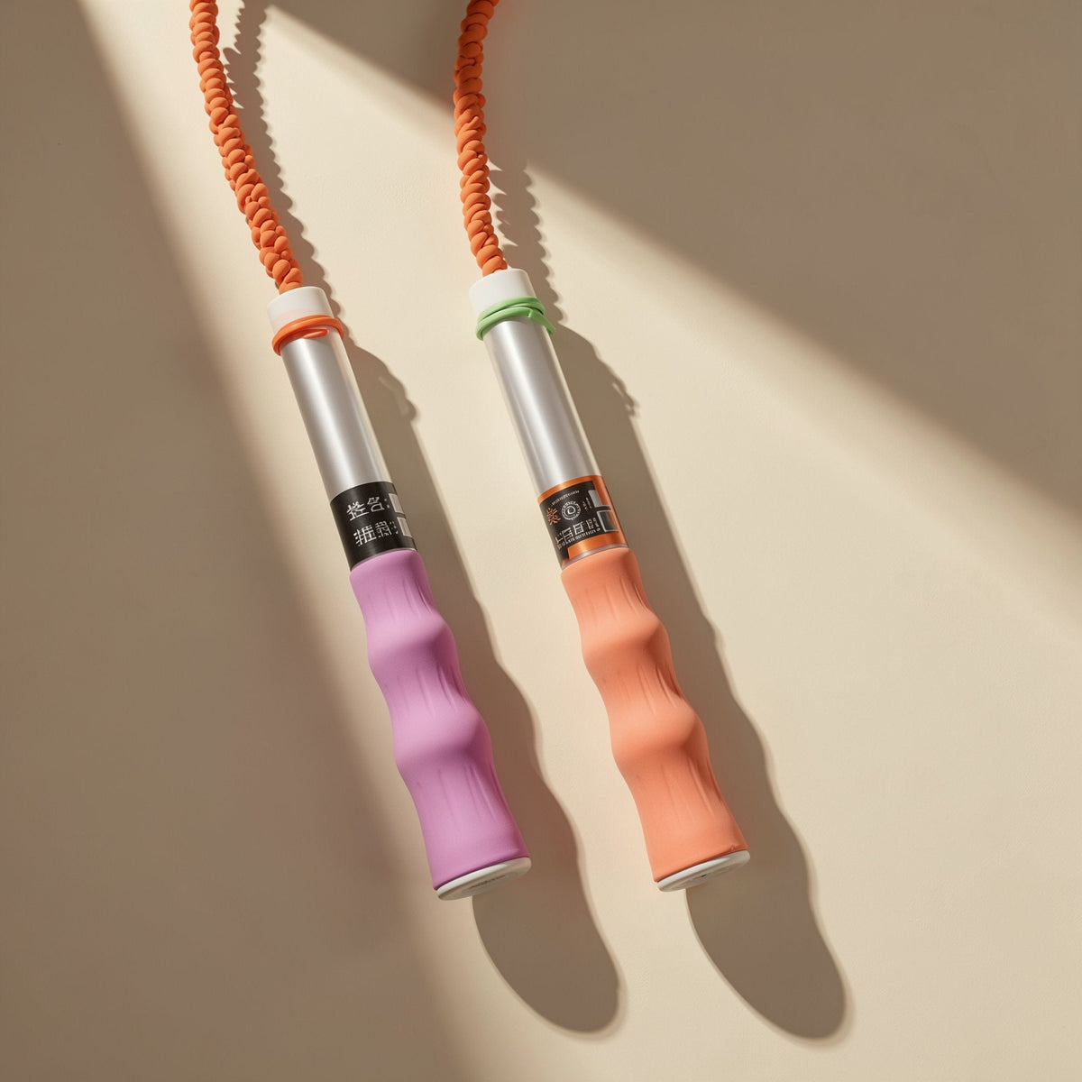 Plastic skipping rope with soft beads arranged in bamboo-style sections