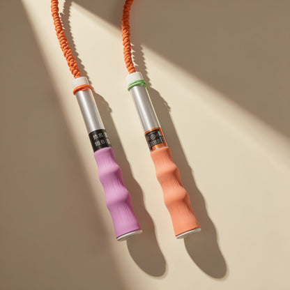 Plastic skipping rope with soft beads arranged in bamboo-style sections