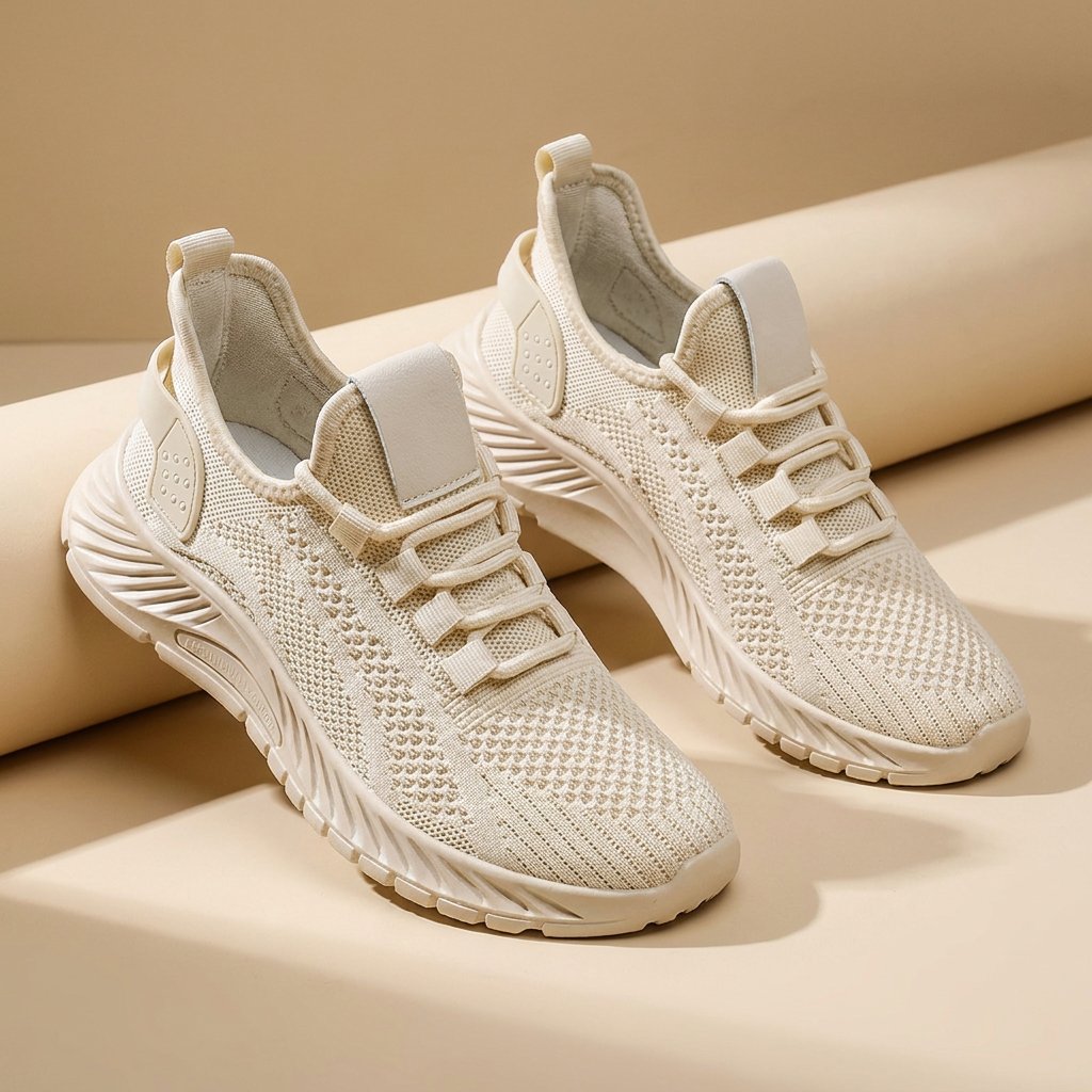 Women's mesh sports shoes with striped pattern, round toe, and flat heel