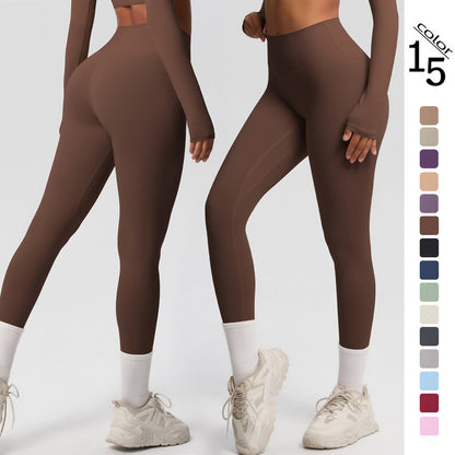 in stock Europe and the United States tight solid color double-sided sanding high waist quick-drying base fitness clothing outdoor running yoga pants - image 2