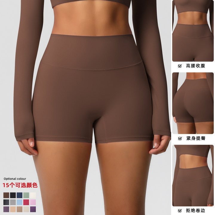 in stock Cross-border Solid Color Double-sided Sanding High Waist Tight Hip Yoga Shorts Running Fitness Sports Three-point Pants for Women - image 1