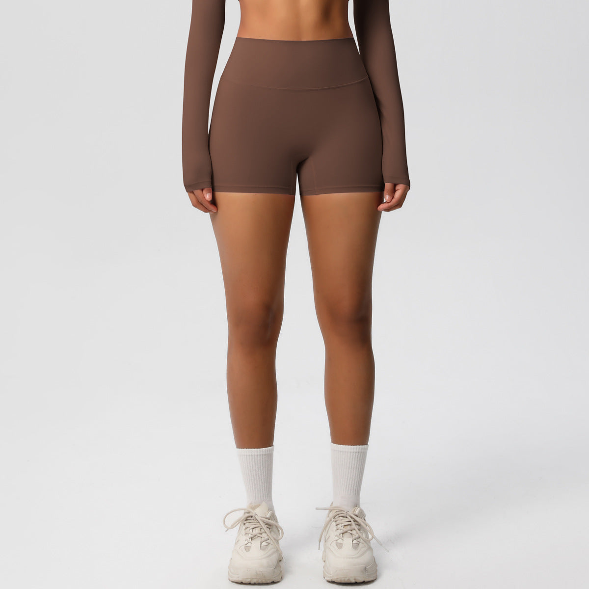 in stock Cross-border Solid Color Double-sided Sanding High Waist Tight Hip Yoga Shorts Running Fitness Sports Three-point Pants for Women - image 2