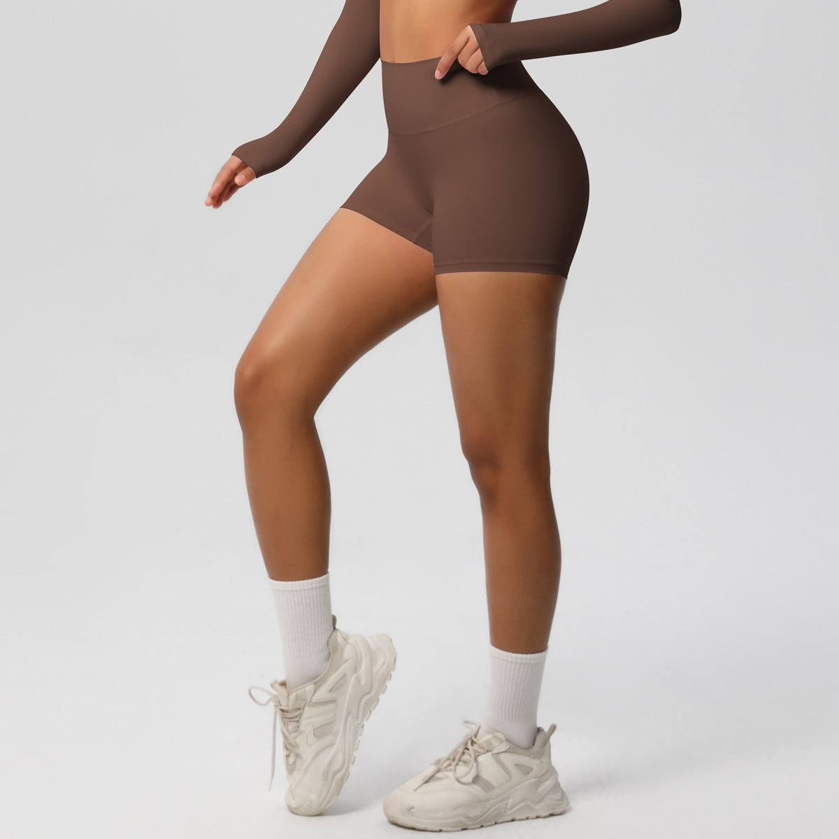 in stock Cross-border Solid Color Double-sided Sanding High Waist Tight Hip Yoga Shorts Running Fitness Sports Three-point Pants for Women - image 3