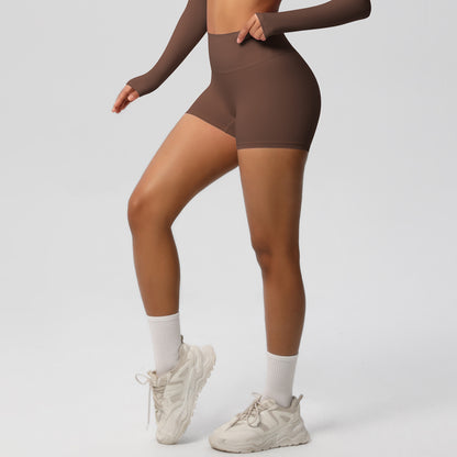 in stock Cross-border Solid Color Double-sided Sanding High Waist Tight Hip Yoga Shorts Running Fitness Sports Three-point Pants for Women - image 3