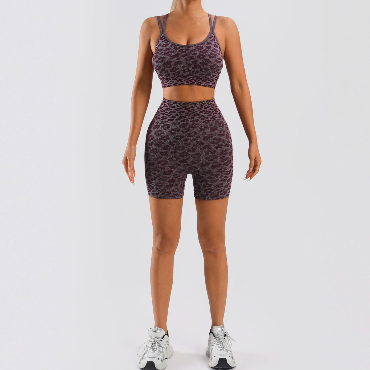 Amazon Leopard Print Tight Seamless Yoga Suit Women's Cross Gather Back High Waist Stretch Peach Hip Fitness Shorts - image 3