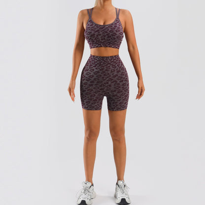 Amazon Leopard Print Tight Seamless Yoga Suit Women's Cross Gather Back High Waist Stretch Peach Hip Fitness Shorts - image 3
