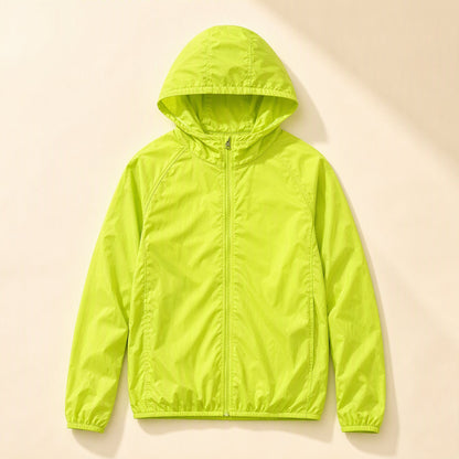 Adult hooded polyester sun protection clothing with a solid-color pattern