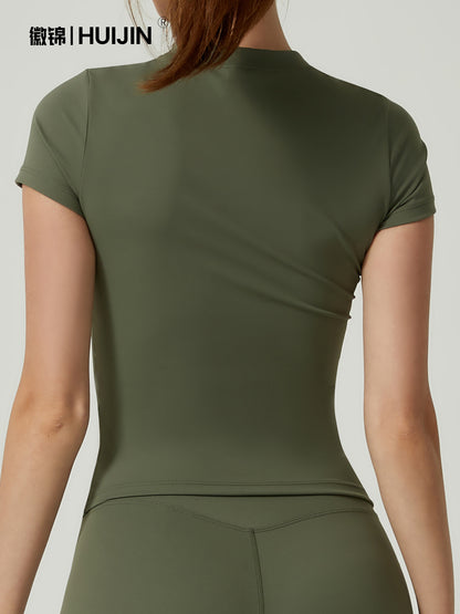 Cross-Border 8455 Yoga Short-Sleeved Round-Neck Slim-Fitting Quick-Drying Breathable Yoga Top Body-Shaping Elastic Fitness Top for Women - image 3