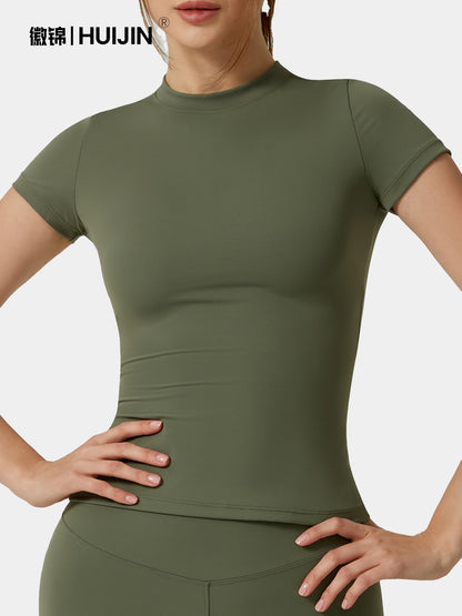 Cross-Border 8455 Yoga Short-Sleeved Round-Neck Slim-Fitting Quick-Drying Breathable Yoga Top Body-Shaping Elastic Fitness Top for Women - image 5