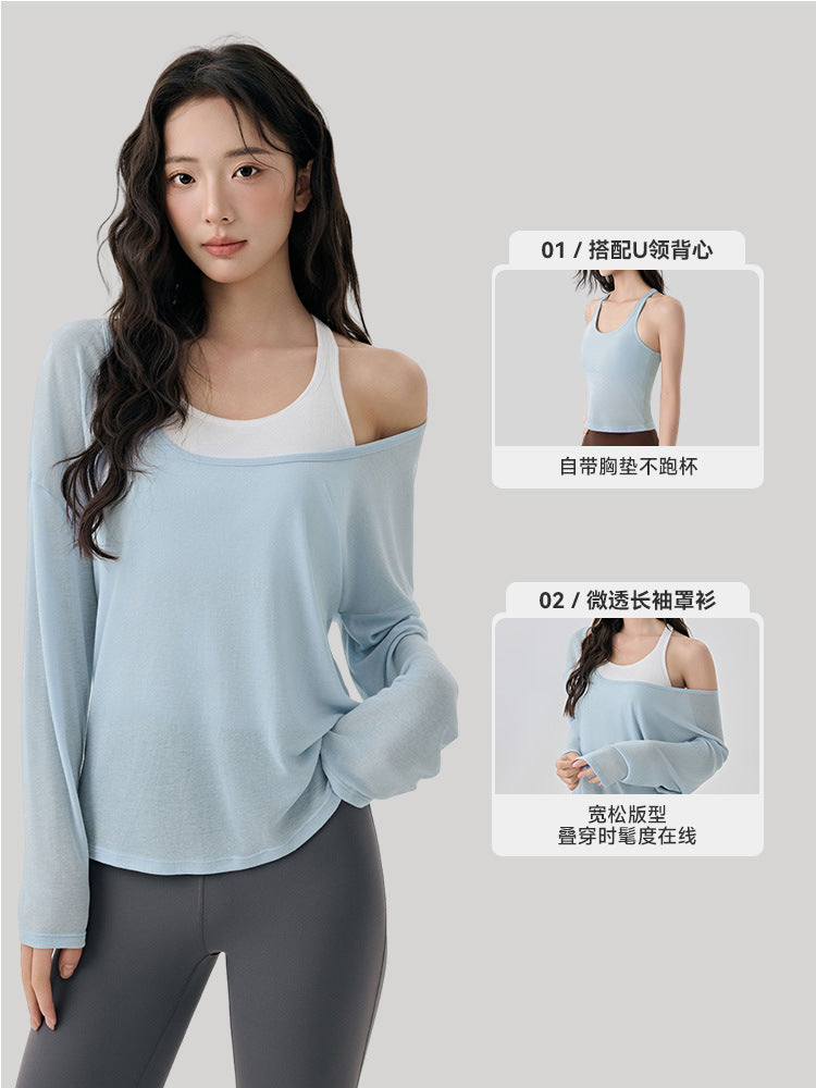 Sports Cover-Up Women's Fitness Set, High-End Layered Two-Piece Set, Breathable Long-Sleeved Pilates Top, Yoga Cover-Up - image 2