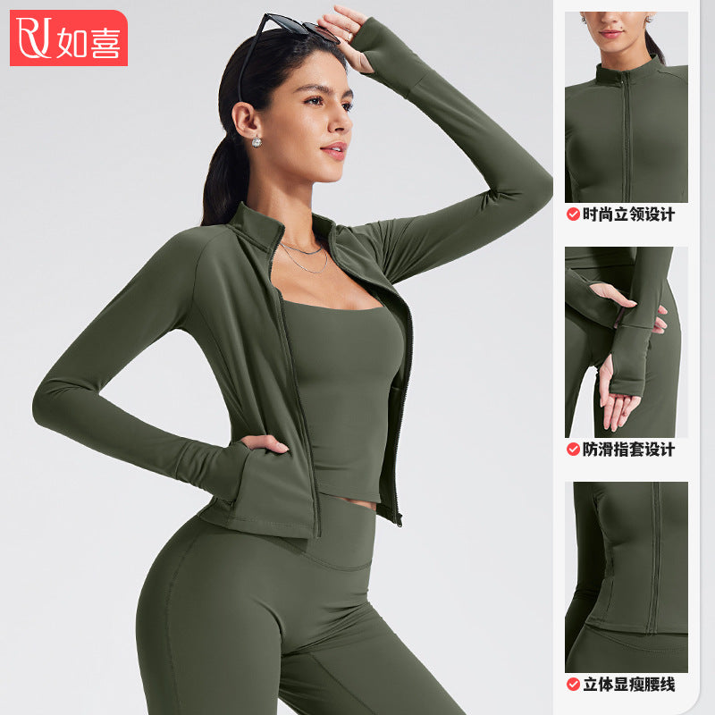 Cross-Border Stand-Up Collar Long-Sleeved Zipper Yoga Jacket Women's Sports Fitness Cycling Elastic Shaping Tight Jacket - image 3