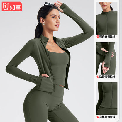 Cross-Border Stand-Up Collar Long-Sleeved Zipper Yoga Jacket Women's Sports Fitness Cycling Elastic Shaping Tight Jacket - image 3