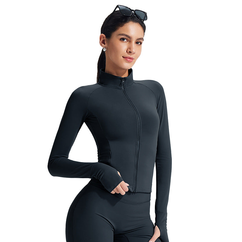 Cross-Border Stand-Up Collar Long-Sleeved Zipper Yoga Jacket Women's Sports Fitness Cycling Elastic Shaping Tight Jacket - image 5