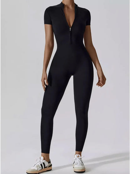 Amazon Women's Ribbed One-Piece Short-Sleeved Zipper Yoga Trousers Sports Jumpsuit Seamless Fitness Sportswear - image 1