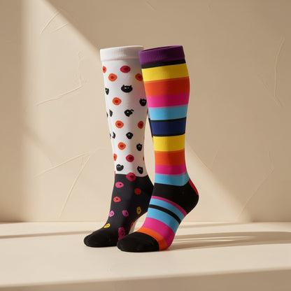 Calf-height polyester sports compression socks with a polka-dot pattern