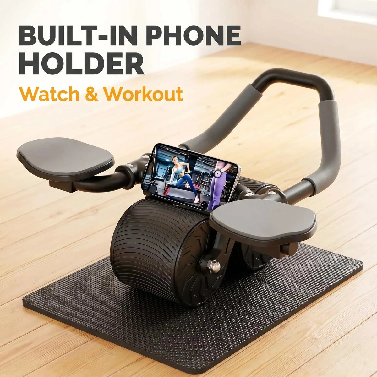 3 IN 1 Core Workout Ab Roller With Knee Pad Phone Holder Timer Home Fitness Black