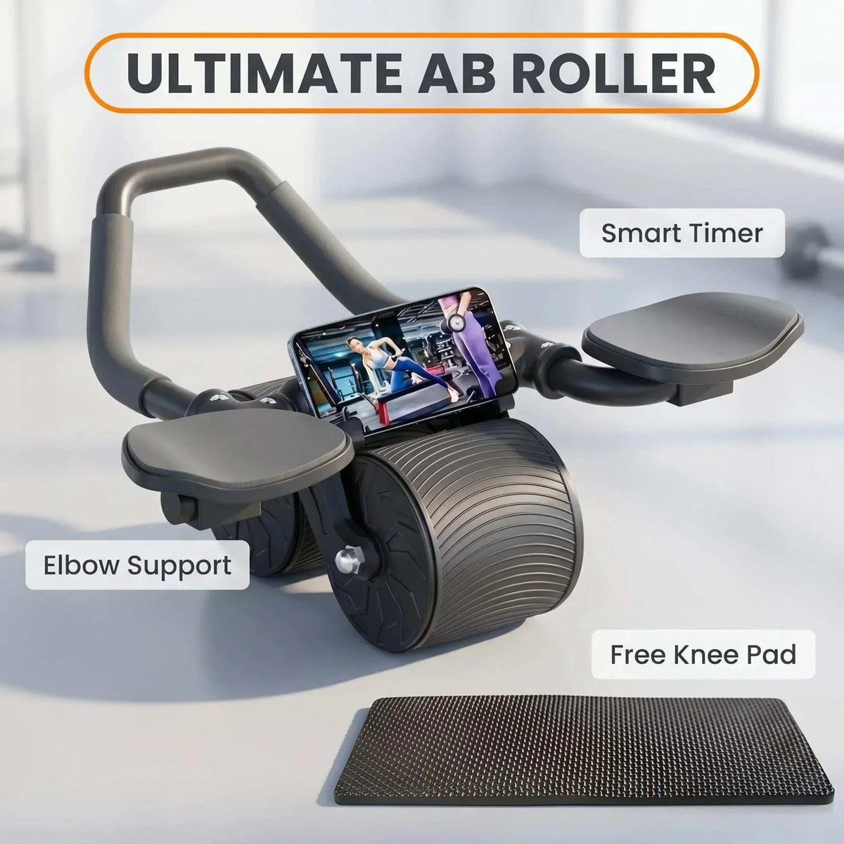 3 IN 1 Core Workout Ab Roller With Knee Pad Phone Holder Timer Home Fitness Black