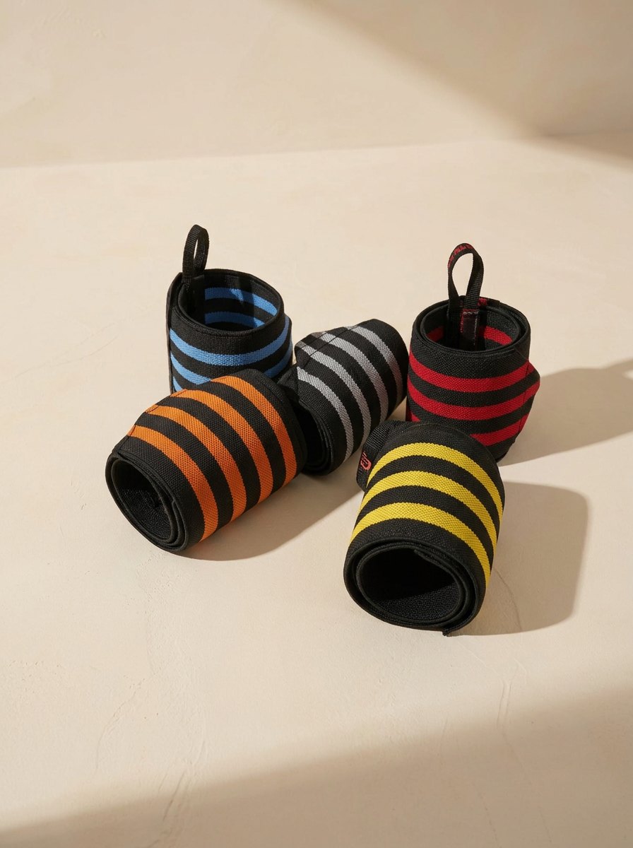 Polyester weightlifting wrist wraps on a cream stone ledge.