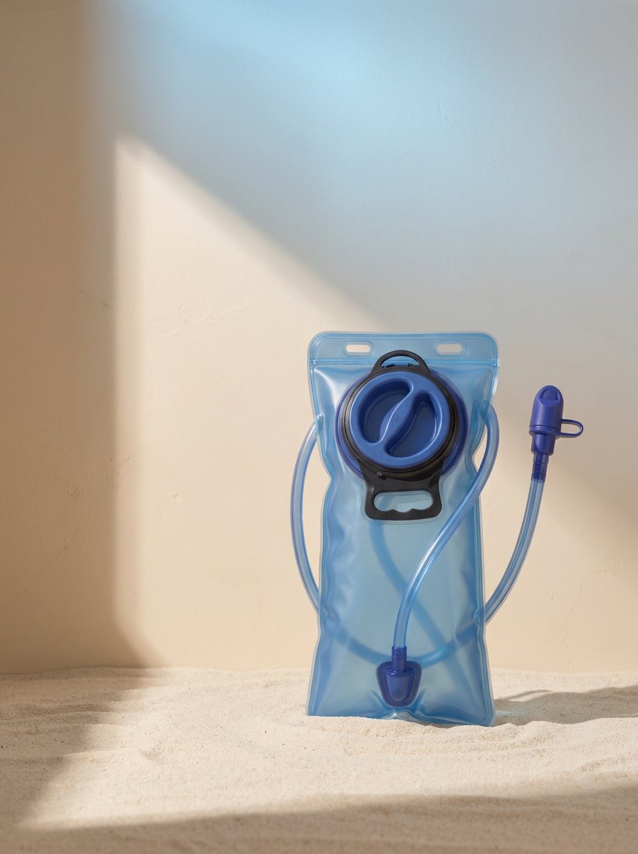 Outdoor water bag beside a warm beige wall.