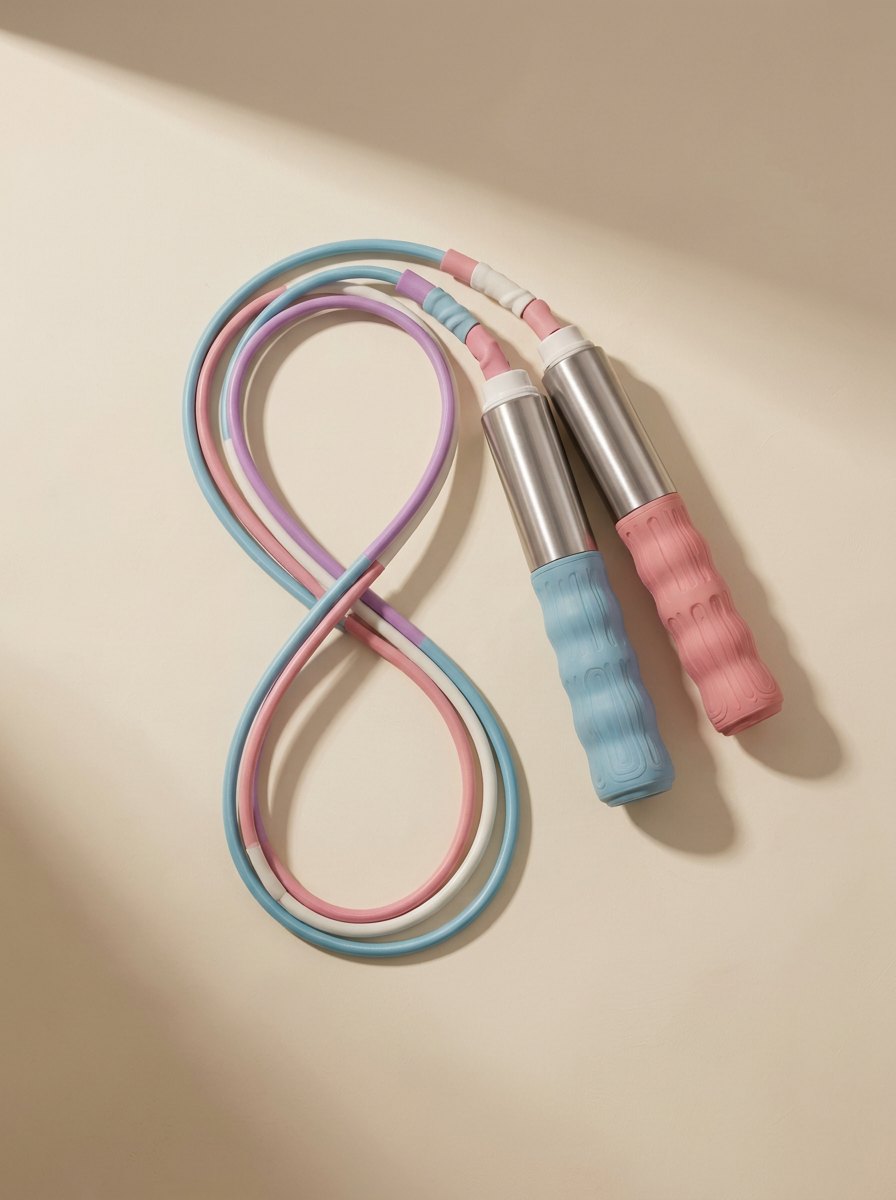 Pastel skipping rope arranged on a warm cream surface.