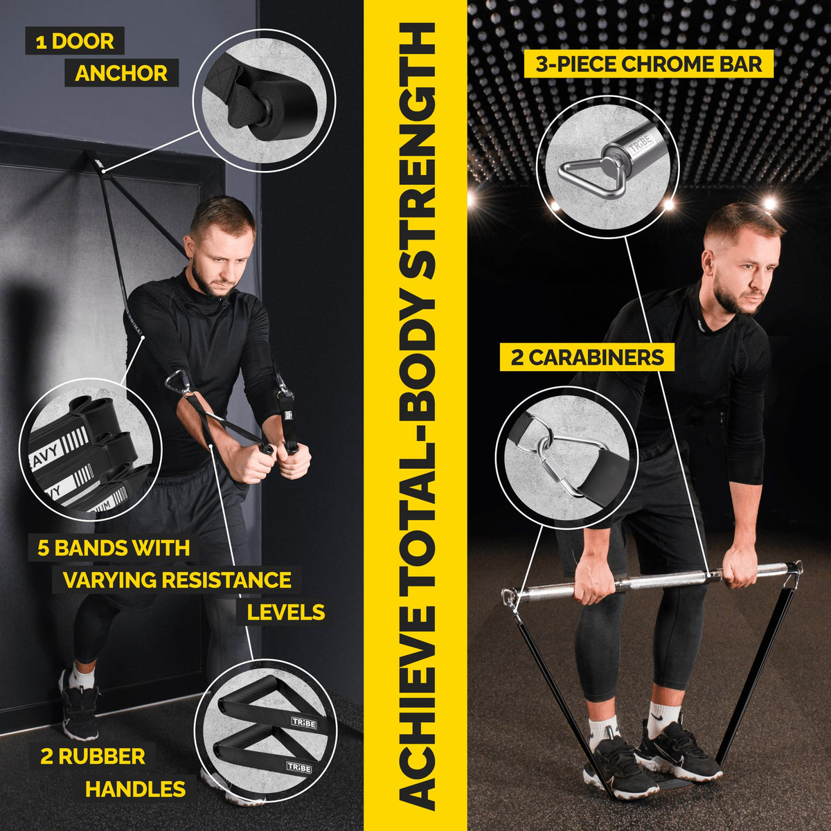 Black Long Resistance Bands Set with Handles & Workout Bar