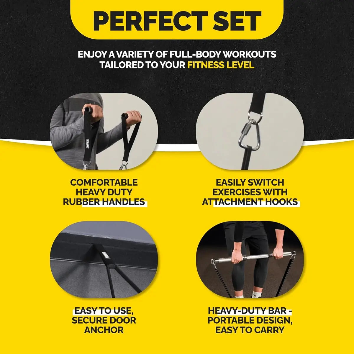 Black Long Resistance Bands Set with Handles & Workout Bar