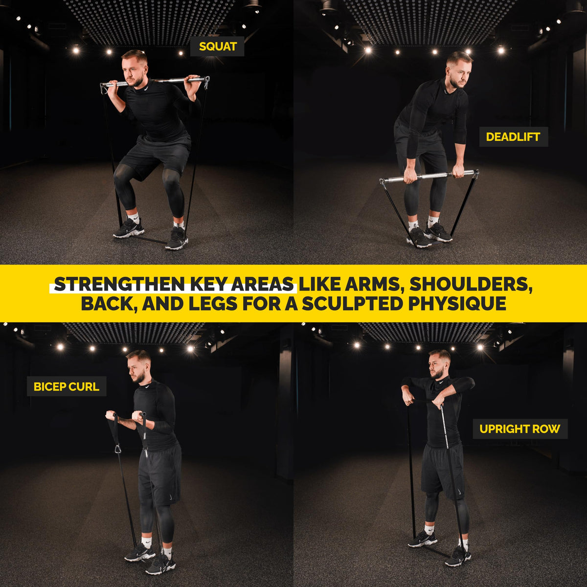 Black Long Resistance Bands Set with Handles & Workout Bar