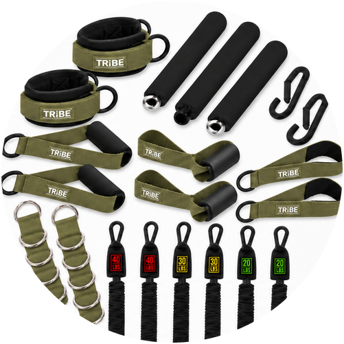 180 lb Tube Resistance Bands Set with Bar & Extension Straps – Military Green