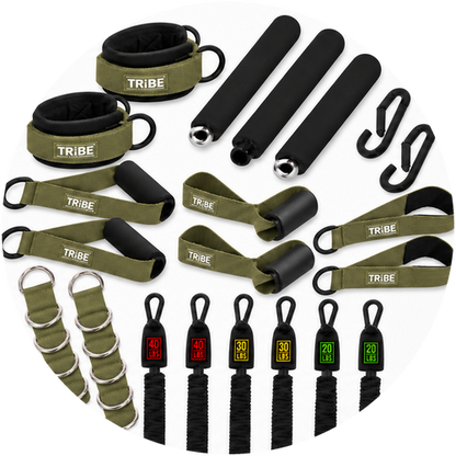 180 lb Tube Resistance Bands Set with Bar & Extension Straps – Military Green